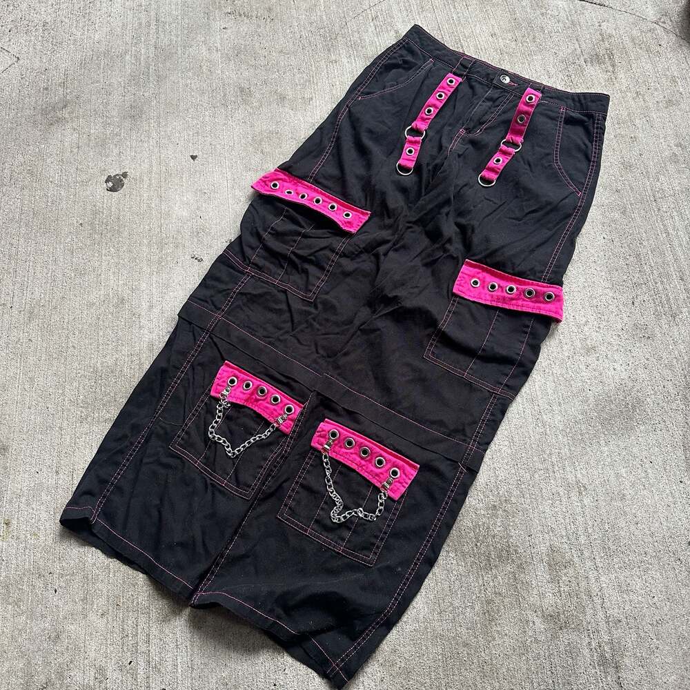 Social Collision Black and Pink Grommet Chain Cargo Pants